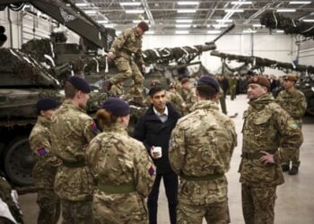 Rishi Sunak talking to British troops at the Tapa Military base, in Tapa, Estonia this afternoon. He thanked them for their service as part of Nato’s enhanced forward presence on its eastern flank