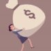 Businesswoman dragging a giant money sack