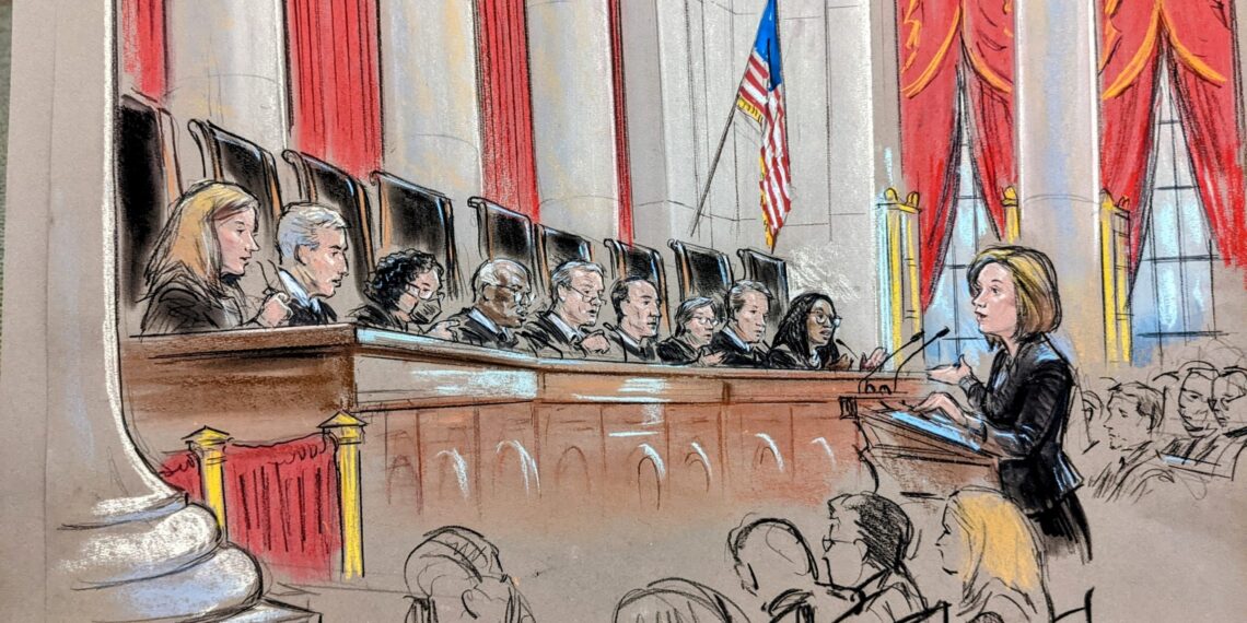 Sketch of woman at the podium conversing with the justices.