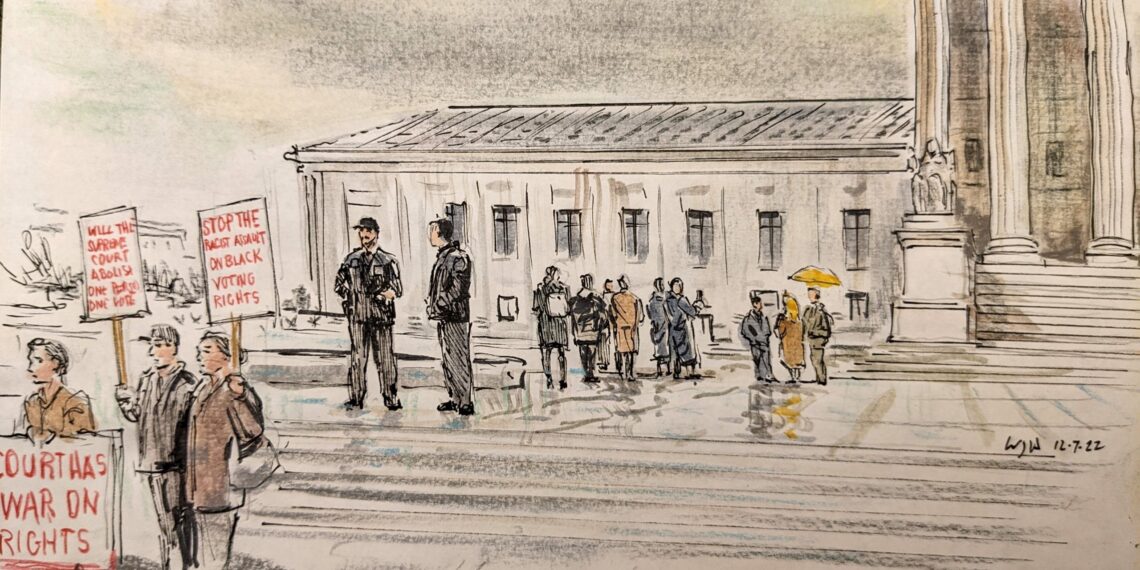 Sketch of a loose crowd hanging out in front of the court before argument on a rainy day. Among others, there is a man with a yellow umbrella, two officers, and a few voting rights demonstrators in view.