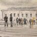 Sketch of a loose crowd hanging out in front of the court before argument on a rainy day. Among others, there is a man with a yellow umbrella, two officers, and a few voting rights demonstrators in view.