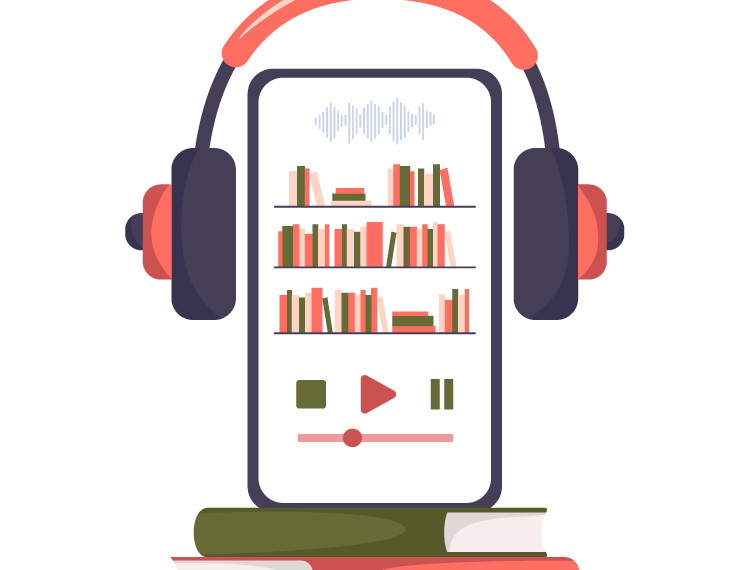 Illustration of a smartphone with headphones and a library