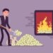 Businessman adding money fuel to a large closed fire