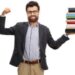 Happy teacher flexing his biceps and holding stack of books