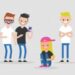 Social intolerance. Sexism. Bullying. A group of young male people mocking a girl. Hate concept. Flat editable vector illustration, clip art