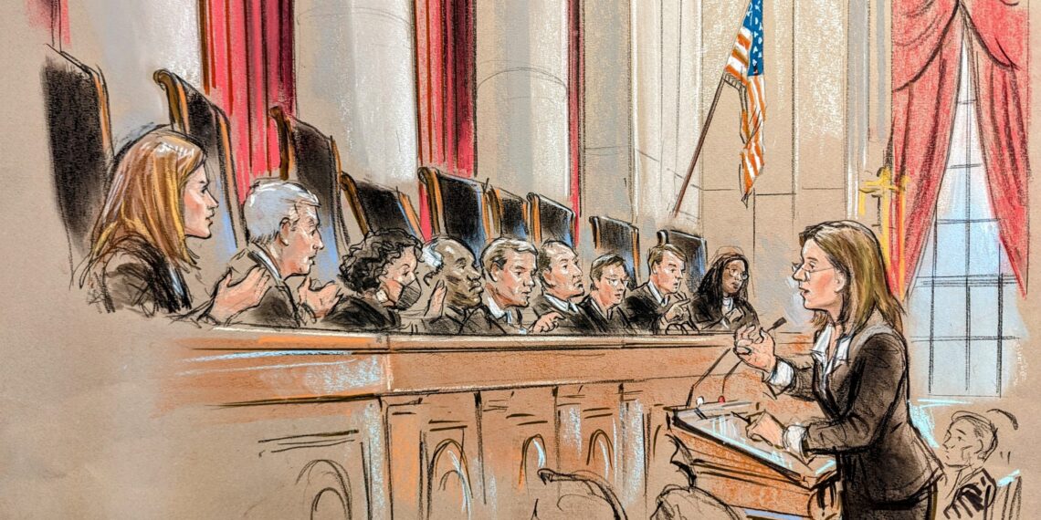 Sketch of the justices speaking animatedly to the bespectacled woman at the podium.