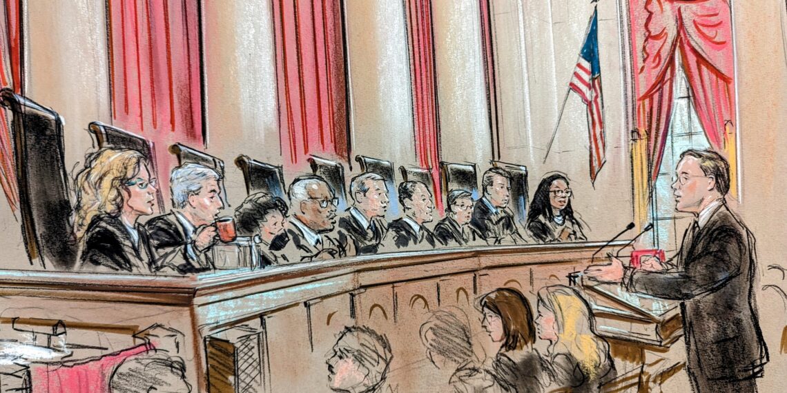 Sketch of a man in spectacles arguing before a full bench. Justice Barrett sports blue glasses, and Justice Gorsuch drinks coffee from an orange mug.