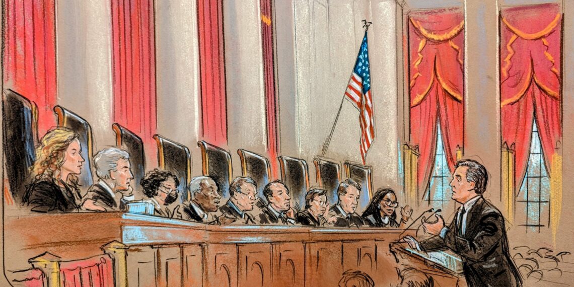 Sketch of man at the podium arguing before a full bench of justices.