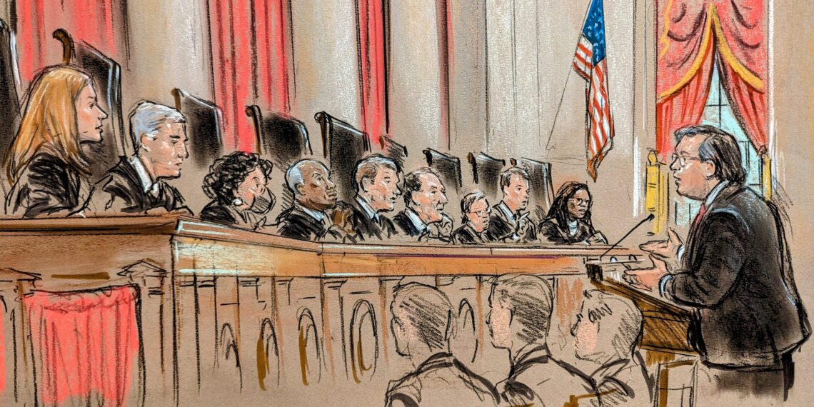 Sketch of a man in glasses responding to a question from Justice Barrett.