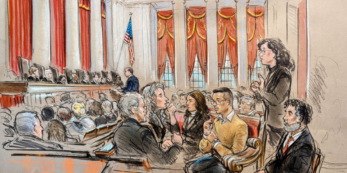 Sketch of the courtroom focusing on Miguel Perez, petitioner, and the four sign-language interpreters that surround him.