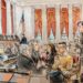 Sketch of the courtroom focusing on Miguel Perez, petitioner, and the four sign-language interpreters that surround him.
