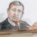 sketch of john roberts sitting behind bench with palm extended