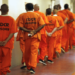 A line of prisoners in orange jumpsuits with hands behind backs