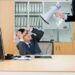 Businesswoman yelling at colleague through a bullhorn