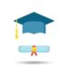 Graduation cap and diploma scroll icon vector illustration in flat style. Finish education symbol. Celebration element. Colorful graduation cap with diploma on white background.