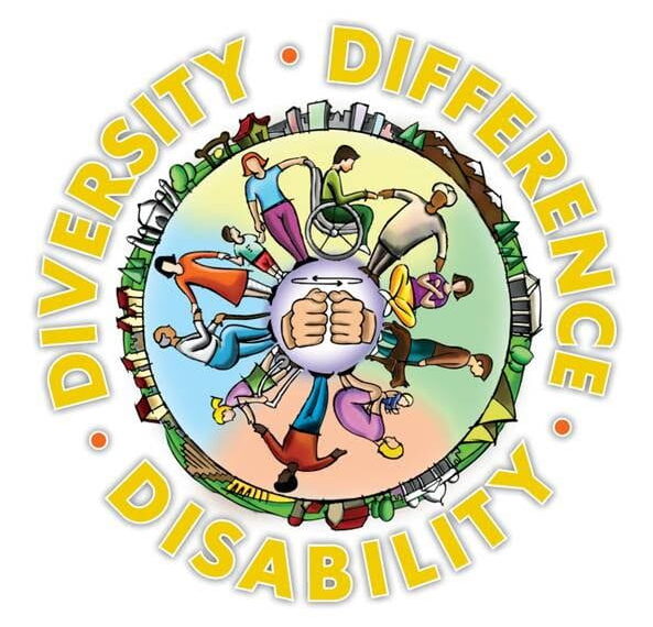 An image with characters with various disabilities holding hands forming a circle around the words, "Diversity, Difference, Disability".