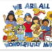 A cartoon image depicting students of various backgrounds and disabilities grouped together around the phrase, "We are all wonderfully made"