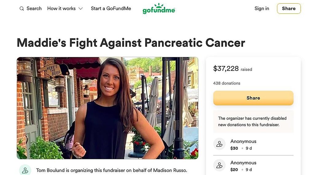 A screenshot of Madison Russo's now-defunct GoFundMe page.