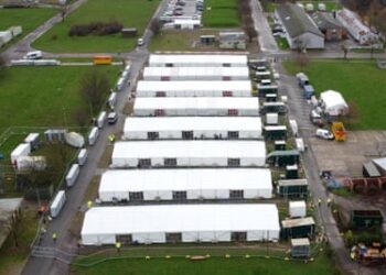A row of eight marquees where thousands of asylum seekers were kept at Manston.