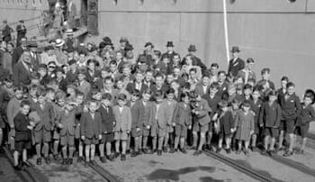 Boys who arrived on the ship Asturias in 1947 in Fremantle. This was the first postwar group of children sent to Australia.