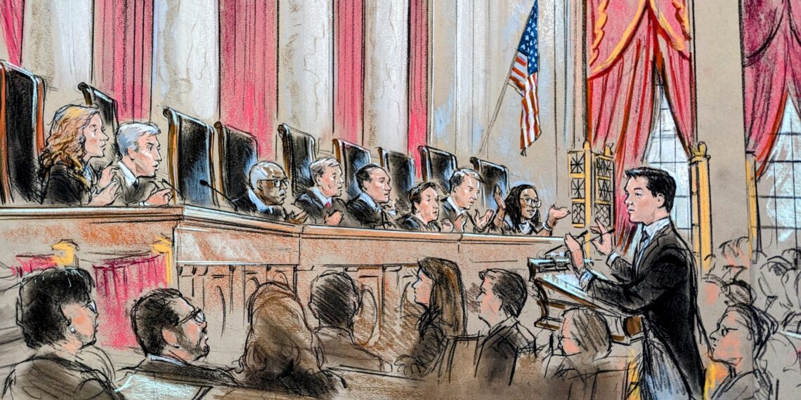 Sketch of man in a dark, long suit arguing before the justices. Justice Sotomayor's chair sits empty.