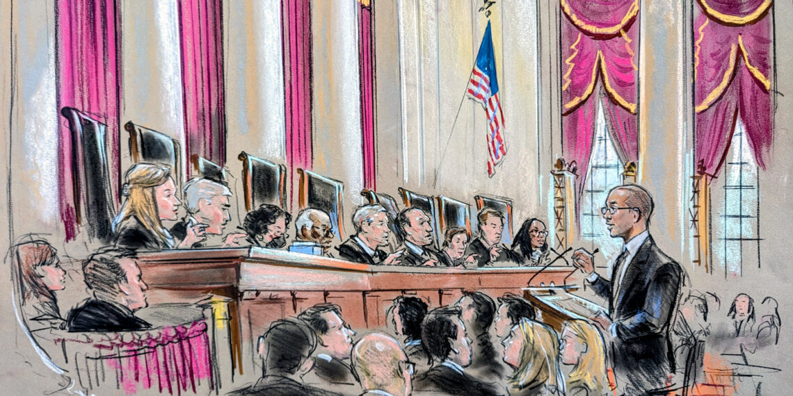 Sketch of the courtroom as the bespectacled man at the podium exchanges words with Justice Barrett.
