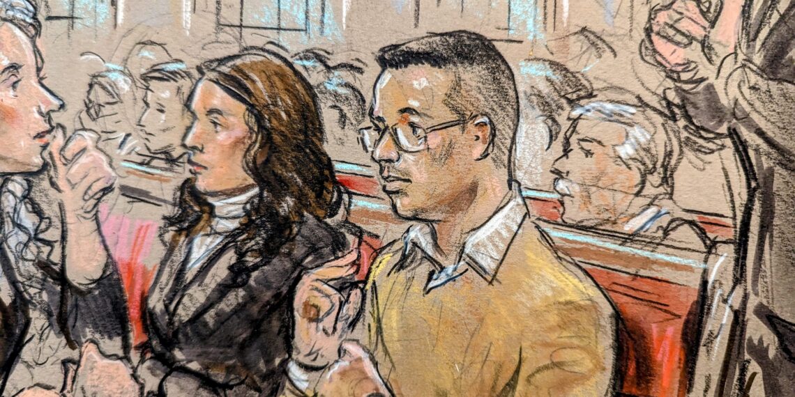 Sketch of a man in glasses seated beside a woman. There is a woman signing in front of him. Behind him, a pair of hands from another signer is visible.