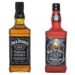 A bottle of Jack Daniel's whiskey next to a dog toy shaped to resemble the bottle