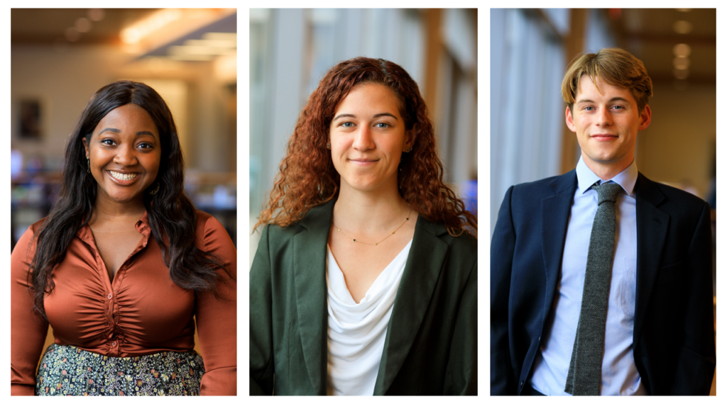 A collage of the 2023 HRP summer fellows, from left to right: Chinaza Asiegbu smiling into camera and wearing a shiny copper shirt; Sabrina Ochoa wearing a dark green jacket and white top; Krister Rasmussen smiling into camera wearing navy suit.