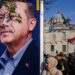 A woman in a headscarf walks past a vehicle with a billboard of Recep Tayyip Erdoğan