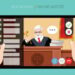 virtual court New normal concept and physical distancing, Hands holding tablet and wayching the judge adjudges case online for prevention from disease outbreak. Vector illustration of new behavior after Covid-19 pandemic concept