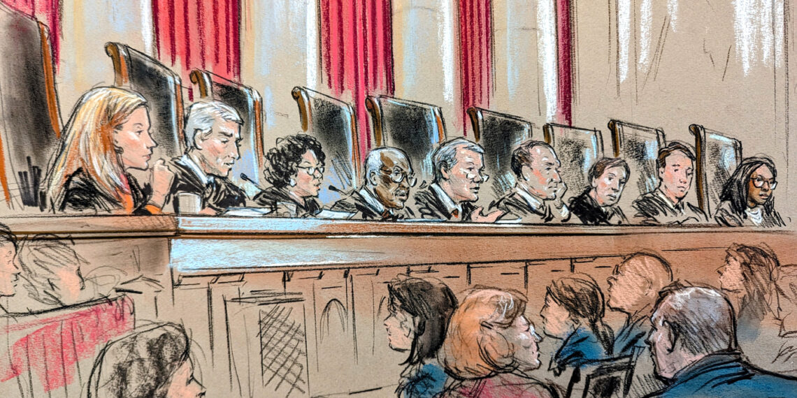 The justices on the bench with audience members listening in.