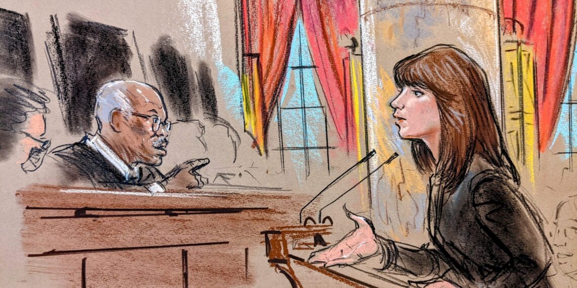 Sketch of a woman engaging Justice Thomas in conversation.