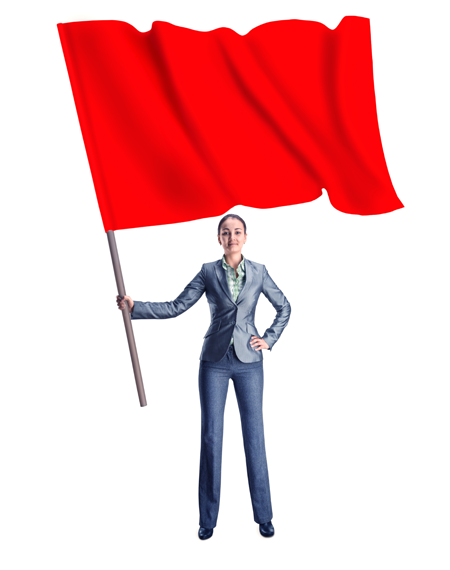 woman in a business suit holding a big red flag