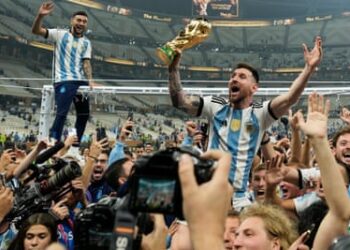 Argentina’s Lionel Messi celebrates with the World Cup