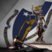 Massachusetts state flag and the Lady Justice with her scales