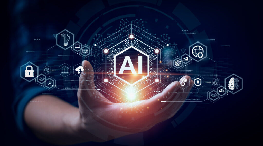 Businessman touching the brain working of Artificial Intelligence (AI) Automation, Predictive analytics, Customer service AI-powered chatbot, analyze customer data, business and technology