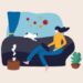 Work from home in COVID-19 virus outbreak, social distancing company allow employee work at home to prevent virus infection, young woman working on sofa with cat look outside to see virus pathogens.