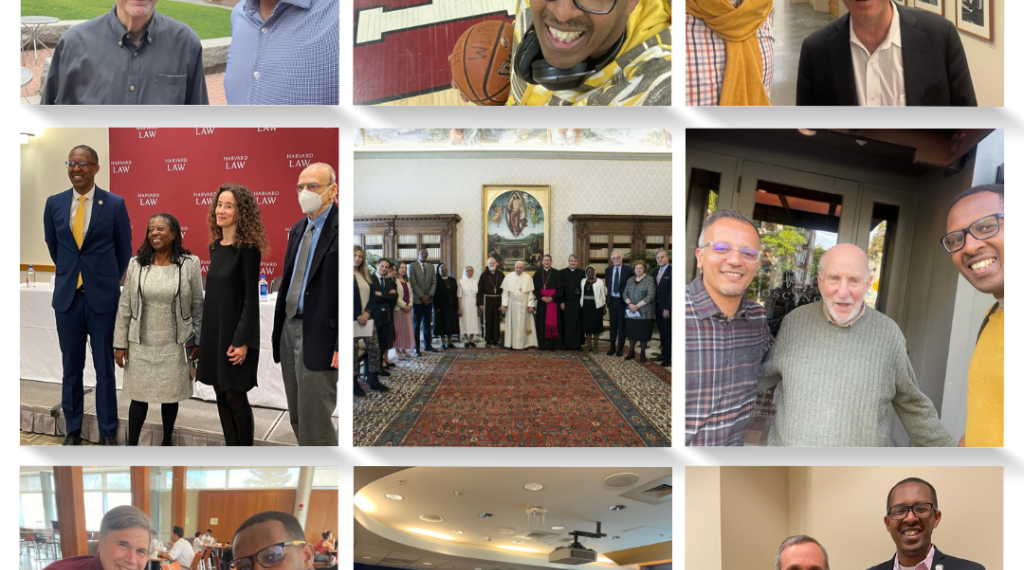 A square collage of nine photos. At center: Pope Francis standing between a dozen members of the Pontifical Commission on the Protection of Minors, with Benyam Dawit Mezmur standing to his left. Clockwise, from top left: 1. Mezmur with HRP Director Gerald Neuman. 2. Mezmur with basketball in Harvard gym. 3. Mezmur smiling with HLS Dean Manning. 4. HRP founder professor Henry Steiner standing between HRP Associate Director Abadir M. Ibrahim and Mezmur. 5. Mezmur standing next to former Harvard president Bacow. 6. Mezmur lecturing in classroom. 7. Mezmur smiling into camera with Michael Stein. 8. Mezmur standing and smiling into camera with Helene Tigroudja, Neuman and Arlene Brock.