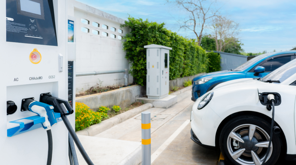 Tesla charging station near a building