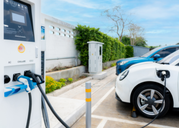 Tesla charging station near a building