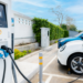 Tesla charging station near a building