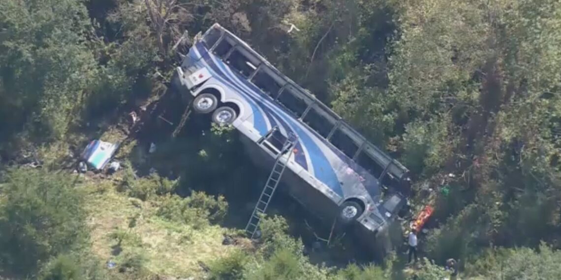 Bus seen overturned on side of interstate in New York