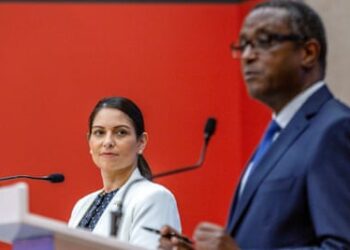 Then home secretary Priti Patel and Rwanda’s foreign minister Vincent Biruta, during a news conference in April 2022.