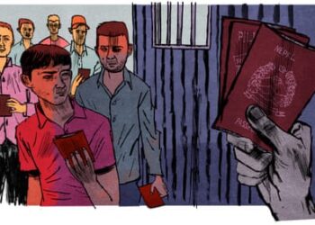 Illustration of passports being taken away from workers