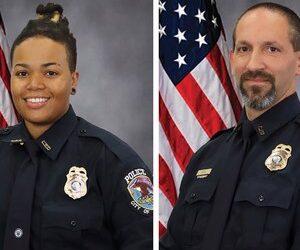 These images provided by the City of La Vergne shows La Vergne Police Officers Ashely Boleyjack and Gregory Kern. Police in Tennessee were searching Sunday, Oct. 22, 2023 for the estranged son of Nashville's police chief as the suspect in the shooting of the two police officers outside a Dollar General store.