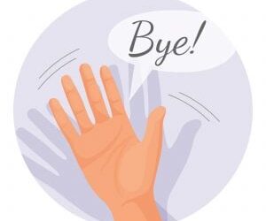 Bye Goodbye lateral moves departures Hand waving goodbye vector illustration in round circle isolated