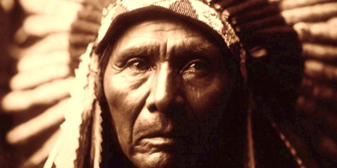 A Native American elder wearing a traditional headdress made of beads and feathers.