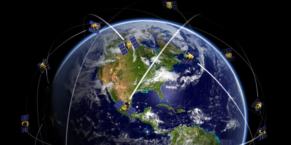 Satellites over world globe monitoring GPS localization