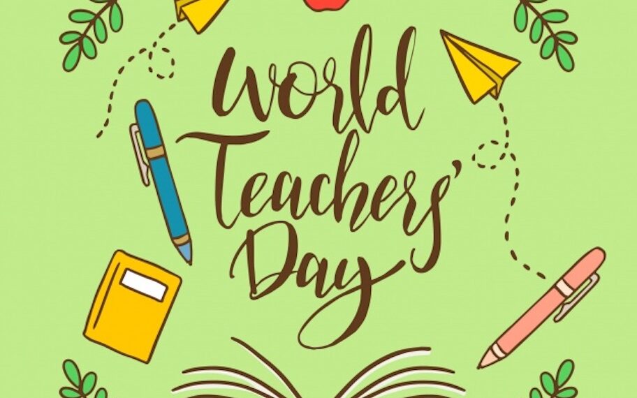 A book and pen with leaves around it saying "World Teacher's Day"